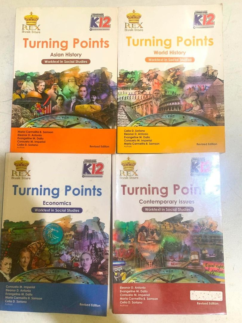 📚 Turning Points — Complete 4-Book Set Revised Edition | Worktext in Social Studies (Category: Textbooks) located in Cainta. Submitted by sheilabear36 (Listing ID 1455242543, Image 1). Description: ✨ Complete 4-book set: • World History • Asian History • Economics • Contemporary Issues 📚 Great for Social Studies / homeschool use. Condition: Pre-loved, with normal signs of use. Please see photos for actual condition. 💰 ₱1,200 for the set 📦 Shi