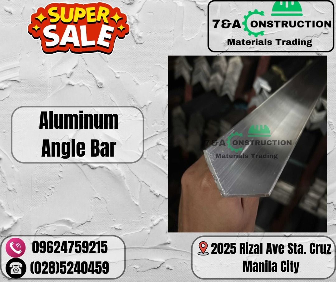 Aluminum Angle Bar (Category: Construction & Building Materials) located in Manila. Submitted by emmanuelsa99826 (Listing ID 1455191343, Image 1). Description: 7&A CONSTRUCTION MATERIALS TRADING 🏗 We are DTI and BIR Registered 💯 We ship nationwide 💯 WE SUPPLY 💥 ✅ Machinery ✅ Tools ✅ Electrical ✅ Industrial & Construction Materials ✅ Fittings ✅ Personal Protective Equipment ✅SIKA Products ✅Buildrite Products Price is subject to change without 
