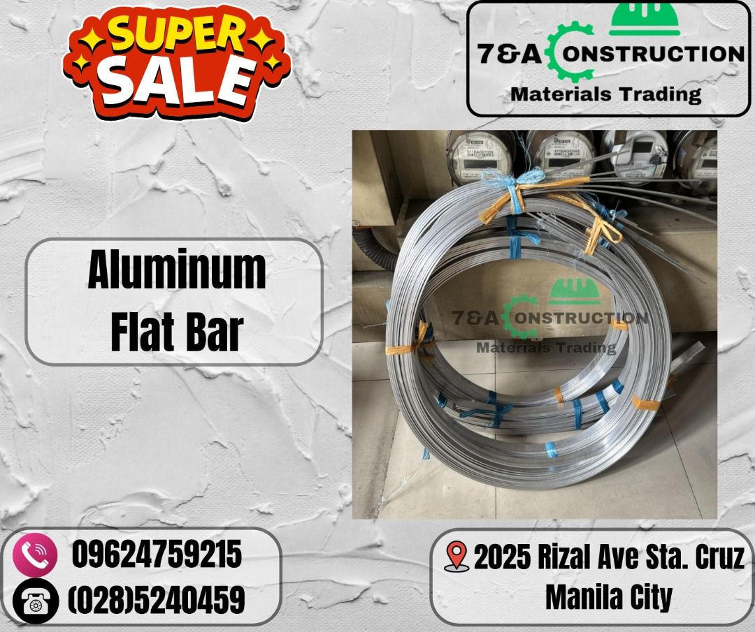 Aluminum Flat Bar (Category: Construction & Building Materials) located in Manila. Submitted by emmanuelsa99826 (Listing ID 1455190656, Image 1). Description: 7&A CONSTRUCTION MATERIALS TRADING 🏗 We are DTI and BIR Registered 💯 We ship nationwide 💯 WE SUPPLY 💥 ✅ Machinery ✅ Tools ✅ Electrical ✅ Industrial & Construction Materials ✅ Fittings ✅ Personal Protective Equipment ✅SIKA Products ✅Buildrite Products Price is subject to change without p