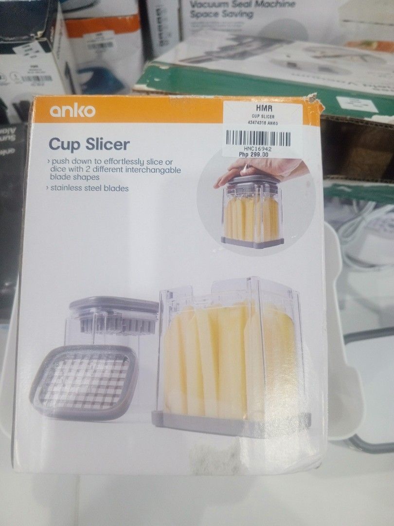 Anko Cup Slicer with 2 Interchangeable Blades (Category: Other Kitchenware & Tableware) located in Caloocan City. Submitted by hmr.gomez (Listing ID 1455151907, Image 1). Description: - Effortlessly slice fruits and vegetables with the Anko cup slicer. - Includes 2 interchangeable stainless steel blades with different shapes. - Simple push-down operation for quick and easy use. - Perfect for fast food preparation..