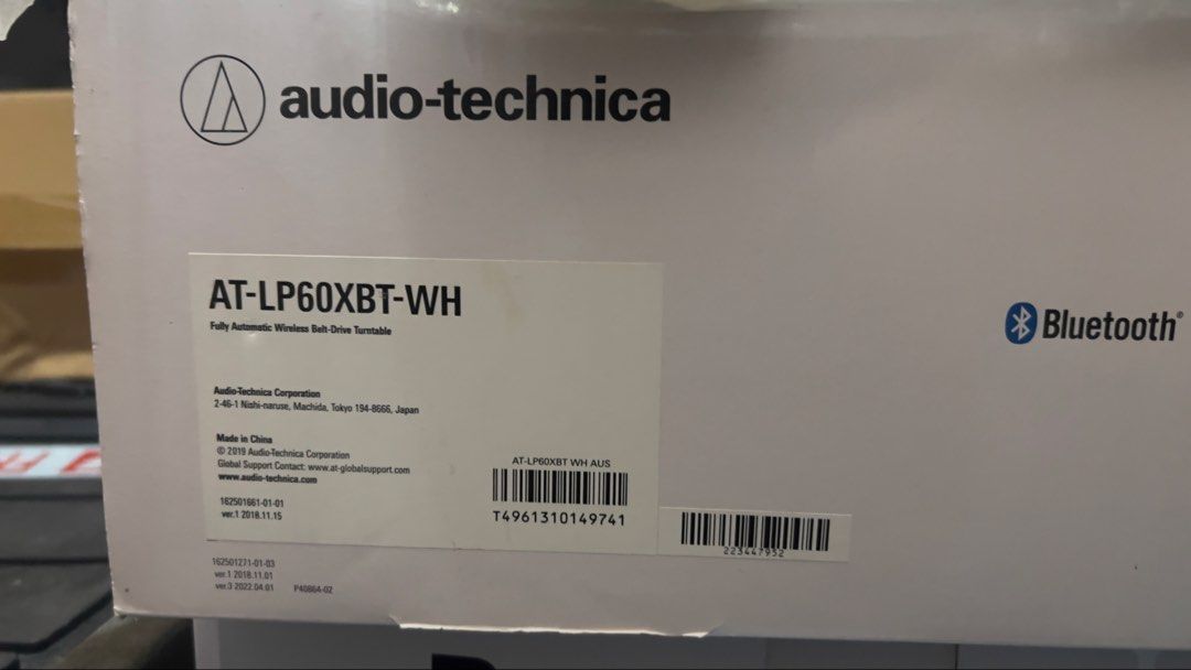Audio-Technica AT-LP60XBT-WH Bluetooth Turntable (Category: Other Audio Equipment) located in Trece Martires City. Submitted by starific (Listing ID 1455203407, Image 2). Description: - Audio-Technica AT-LP60XBT-WH Turntable - Fully Automatic Wireless Belt-Drive - Connects via Bluetooth for wireless audio - Color: White (WH) - Made in China - 2019 Model (Box shows '2019 Audio-Technica Corporation').