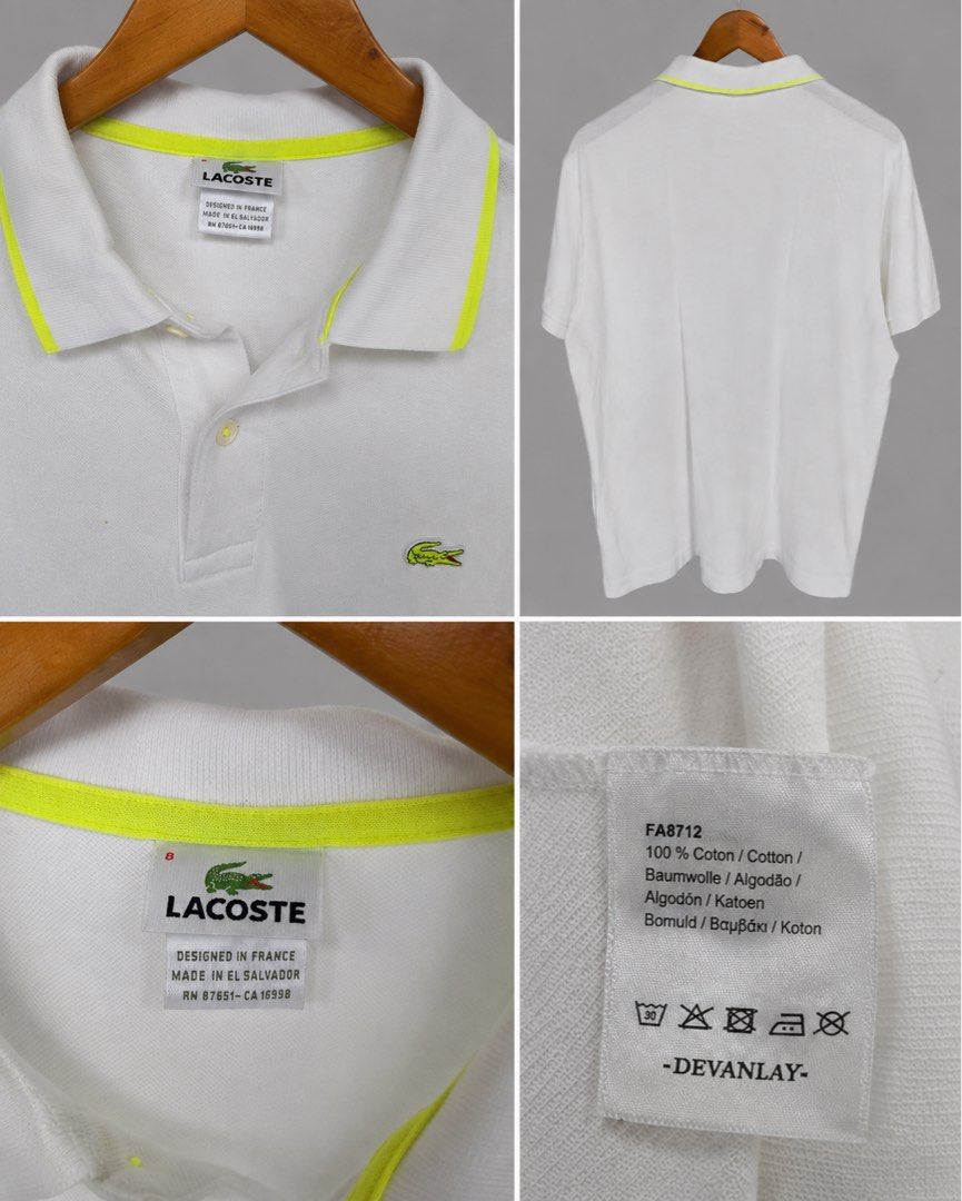 Authentic Lacoste Polo Shirt (White) (Category: Tshirts & Polo Shirts ) located in Manila. Submitted by socalkid (Listing ID 1455018453, Image 2). Description: Authentic Lacoste Polo Shirt (White) Eye-catching neon green trim on collar. Signature small green crocodile logo on chest Size: 8 on tag (fits XL) 24 x 26.5 ✅ Issues: marks, pinholes and a faint stain on the front (see pics) 🇺🇸 Bought in the US 💵 Price slightly negotiable 🛵 On-hand | 
