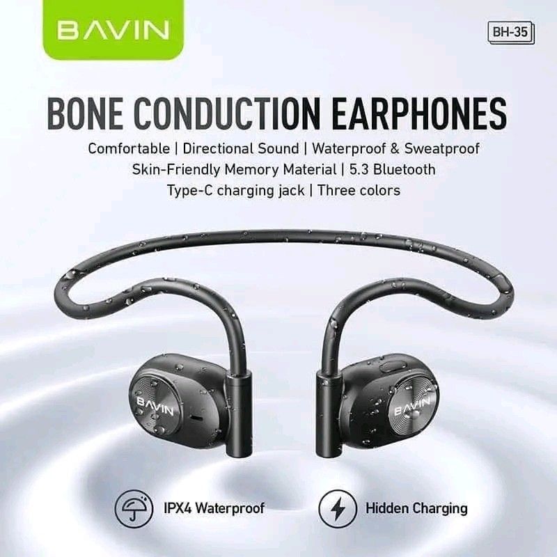 Bavin BH-35 Bone Conduction Earphones 5.3 Bluetooth (Category: Earphones) located in Manila. Submitted by marvieobordo (Listing ID 1455244286, Image 2). Description: - Bavin BH-35 Bone Conduction Earphones - Comfortable & Sweatproof for Workouts - IPX4 Waterproof Rating - Bluetooth 5.3 Connectivity - 7 Hours Music Playback / 130 Hours Standby - Type-C Charging - Focused Audio with Reduced Sound Leakage - High Definition Calling with Noise Cancell