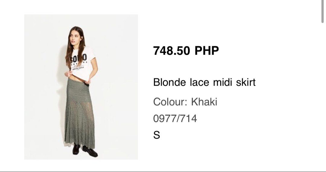 Bershka Lace Midi Skirt (Category: Skirts) located in Cavite. Submitted by kailaaaapreloved_ (Listing ID 1455246920, Image 3). Description: Bough through Bershka App for ₱748.50 (see last slide). Brand new but no tag. Never worn because of cancelled trip. Message me for more deets. .