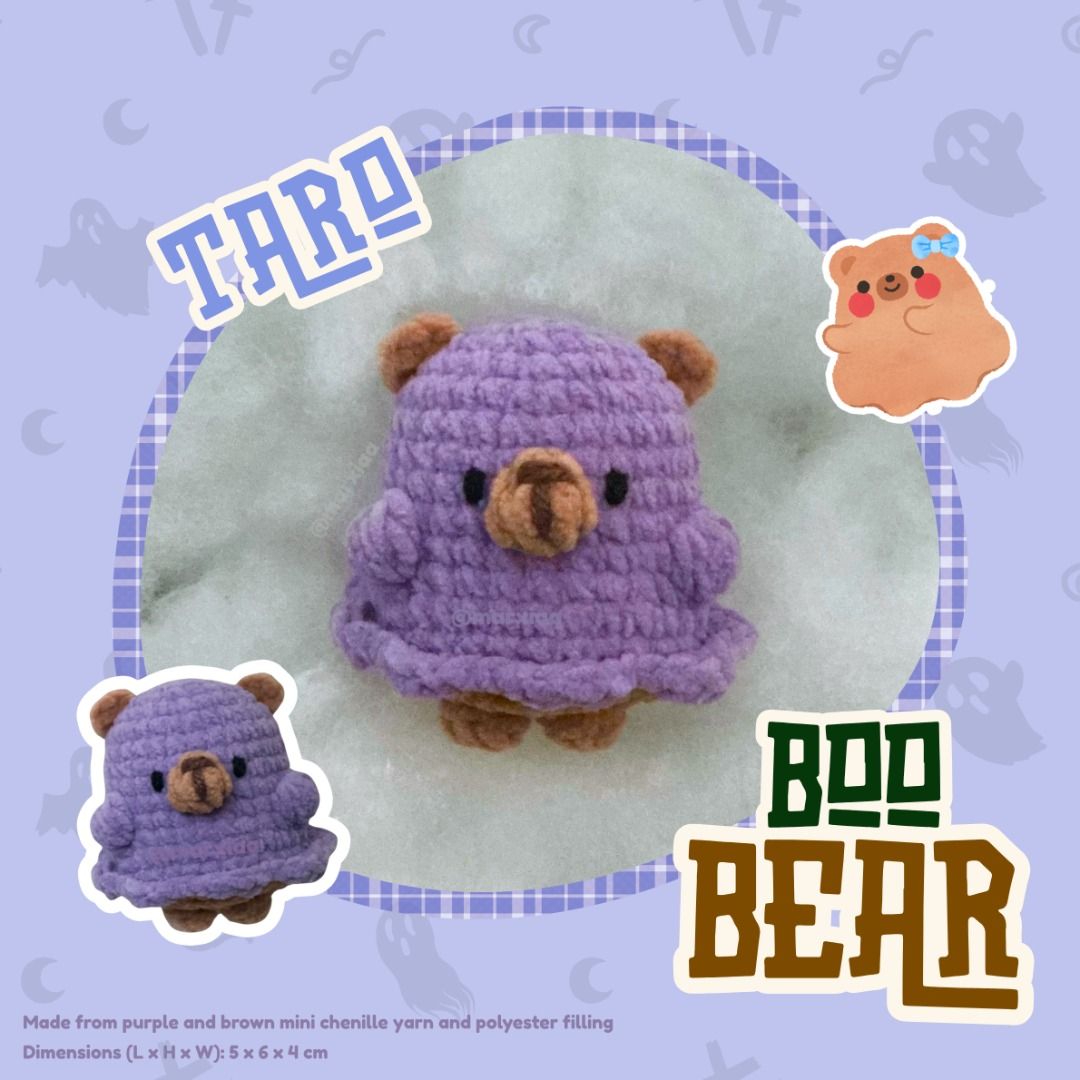 Boo Bear Crochet Mini Keychain (Category: Handmade Craft) located in Pasig City. Submitted by marxiaa (Listing ID 1455311567, Image 2). Description: Sold individually. Made from mini chenille yarn and polyester filling. May include a swivel keychain if preferred. .