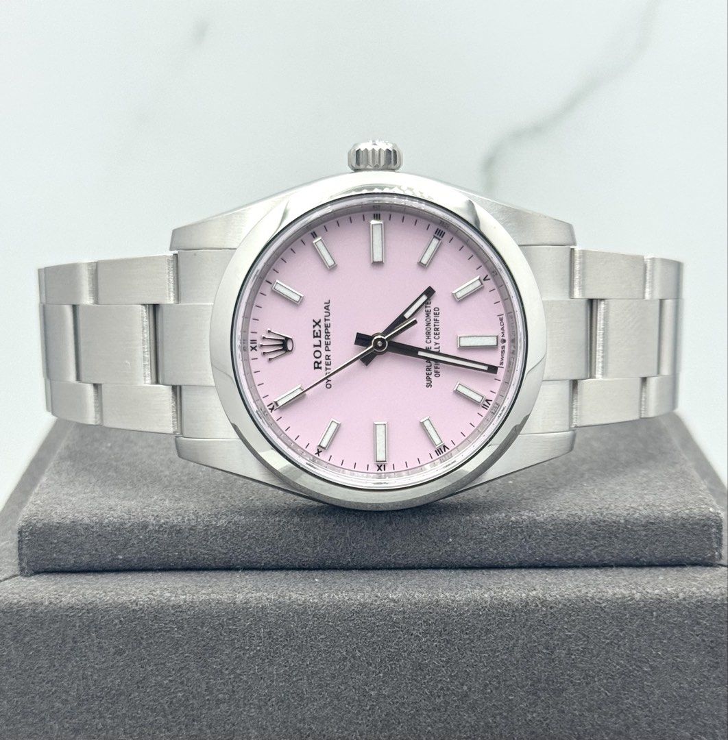 Brand New Aug 2026 Rolex Oyster Perpetual 34 Candy Pink Dial 124200 (Category: Watches) located in Singapore. Submitted by dreamtimes.sg (Listing ID 1455264176, Image 1). Description: Subscribe to our tele group for daily watch deals alert @dreamtimesingapore https://shorturl.at/pFTIr Brand New Aug 2026 Rolex Oyster Perpetual 34 Candy Pink Dial 124200 Dated Aug 2026 Rolex international warranty till 2031! Brand new condition! Unsized bracelet! Co