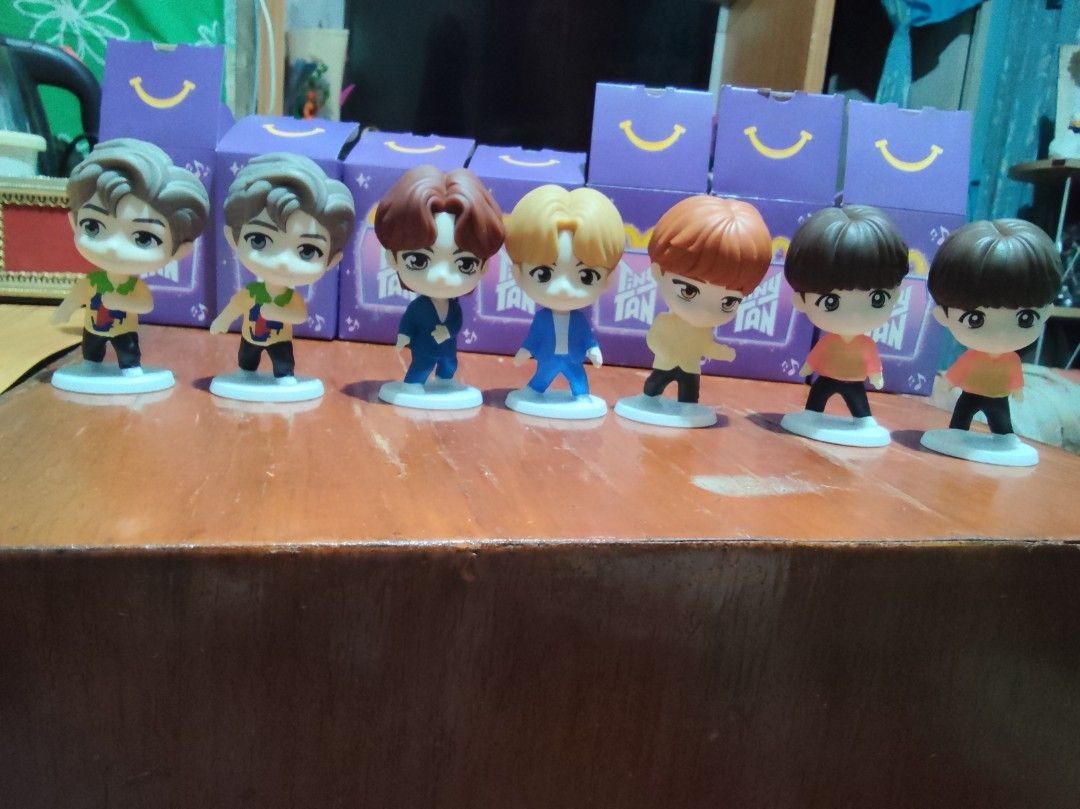 BTS tiny tan McDonald's Happy Meal Figurines (Category: Designer & Blind Box Toys) located in Manila. Submitted by ronnie_ronron (Listing ID 1434054478, Image 1). Description: - Complete set of BTS Happy Meal figurines. -2 RM, 2 SUGA & J-hope (UP: X for Taehyung and Jimin) - Chibi-style design. - Each figurine on a white base. - Perfect for BTS fans and collectors. -price PER EACH figurines will be 100 pesos only. -delivery will be shouldered by 