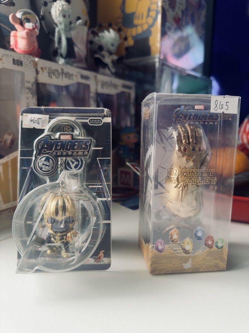 BUNDLE Hot Toys Thanos & Infinity Gauntlet Keychain (Category: Western Merchandise) located in Manila. Submitted by got_loots (Listing ID 1455234381, Image 1). Description: WTS❗️❗️❗️ BUNDLE Hot Toys Marvel Collectible Thanos Cosbaby Keychain Limited Edition 500 & Avengers Endgame Infinity Gauntlet Cosbaby Key chain ₱850 Only for both.