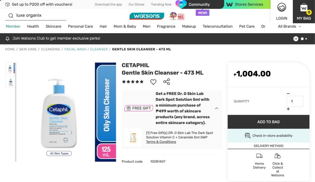 CETAPHIL Gentle Skin Cleanser (Category: Face Care) located in Taguig. Submitted by marysmarket (Listing ID 1455311861, Image 3). Description: Retails for ₱1,004. Also available as a set with moisturizing lotion, please check my other listings! CETAPHIL Gentle Skin Cleanser 473mL This gentle cleansing formula, now with hydrating Glycerin, Vitamin B3 & Pro-Vitamin B5, is clinically tested to be gentle at removing dirt, makeup and impurities, while