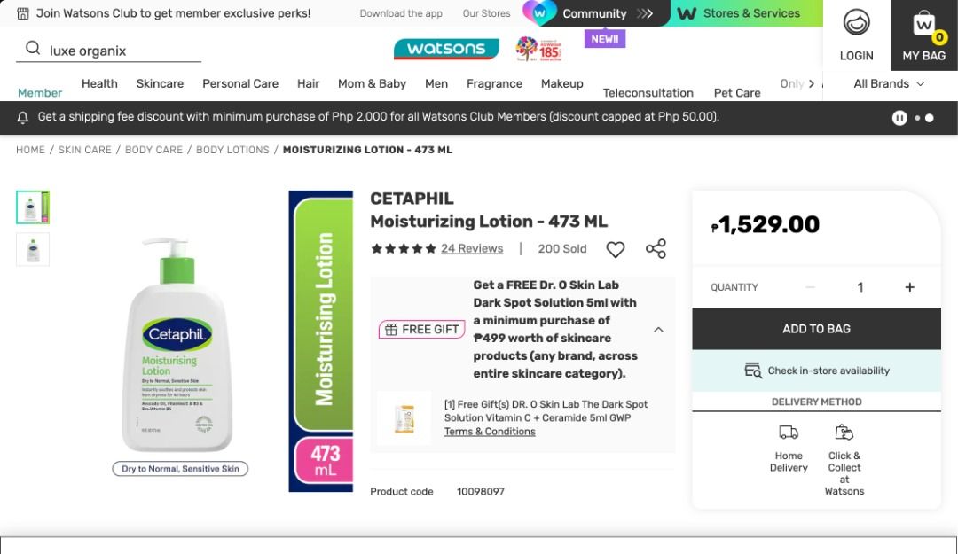 CETAPHIL Moisturizing Lotion (Category: Body Care) located in Taguig. Submitted by marysmarket (Listing ID 1455312192, Image 3). Description: Retails for ₱1,529. Also available as a set with gentle skin cleanser, please check my other listings! CETAPHIL Moisturizing Lotion 473ml For Dry and Sensitive Skin Cetaphil Moisturizing Lotion is a lightweight moisturizer formulated with Vitamins B3, B5, and glycerin to replenish the skin',s moisture barri
