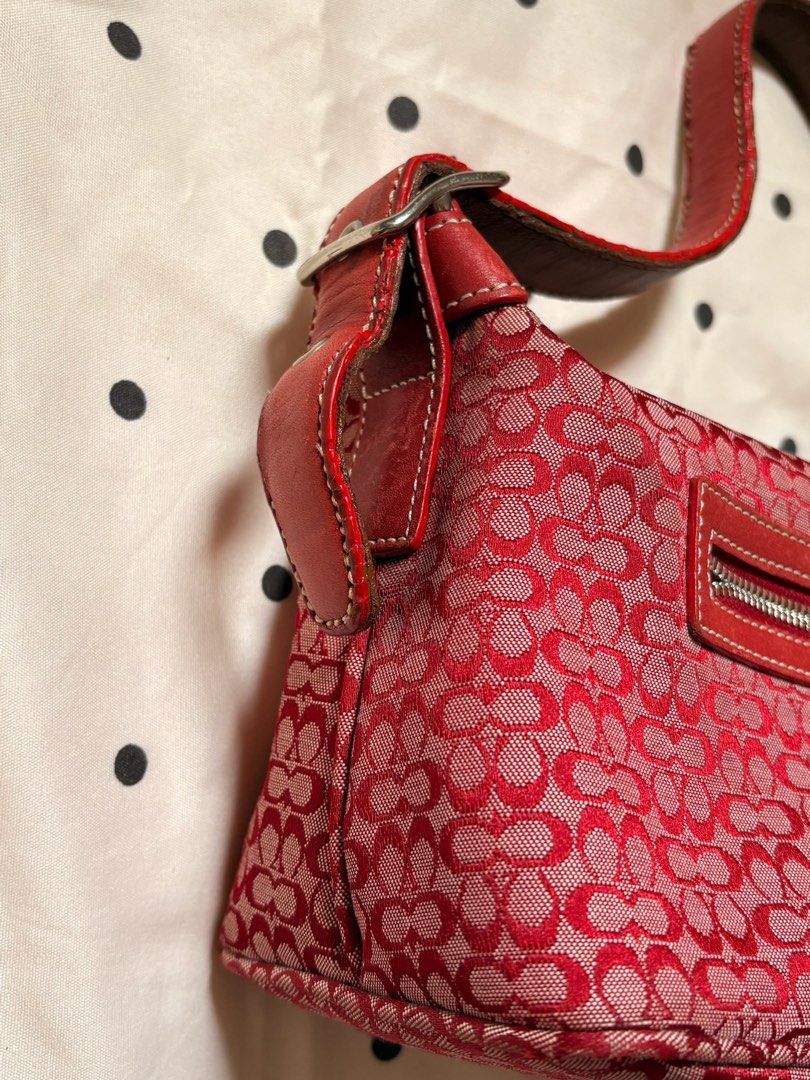 Coach Monogram Canvas Shoulder Bag Red (Category: Luxury Bags & Wallets) located in Angeles City. Submitted by tk_.collections (Listing ID 1455319236, Image 3). Description: -Clean body (like new) -No rubs -with hangtag -Intact creed -Clean interior (ready to use) Issue only: rubber lining/leather.