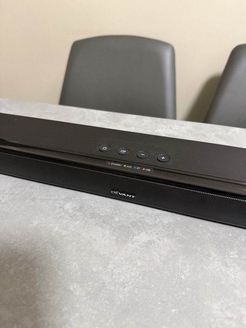 Devant SB-50 Soundbar with Remote and Power Cable (Category: Soundbars, Speakers & Amplifiers) located in Taytay. Submitted by thestyletwins (Listing ID 1455187590, Image 3). Description: - Devant SB-50 Soundbar - Includes remote control and power cable - Connectivity: Bluetooth, AUX, USB - Enhances your TV audio experience - Compact design, fits easily in front of most TVs - Convenient top buttons for standby, volume, and input selection.