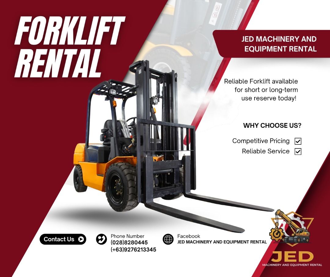 Forklift Rental (Category: Construction Tools & Equipment) located in Caloocan City. Submitted by jedmachineryandequipmentrental (Listing ID 1455150720, Image 1). Description: - Forklift rental services available - Competitive pricing for short or long-term needs - Reliable and dependable service - Ideal for various lifting requirements - Contact us to reserve your forklift today.
