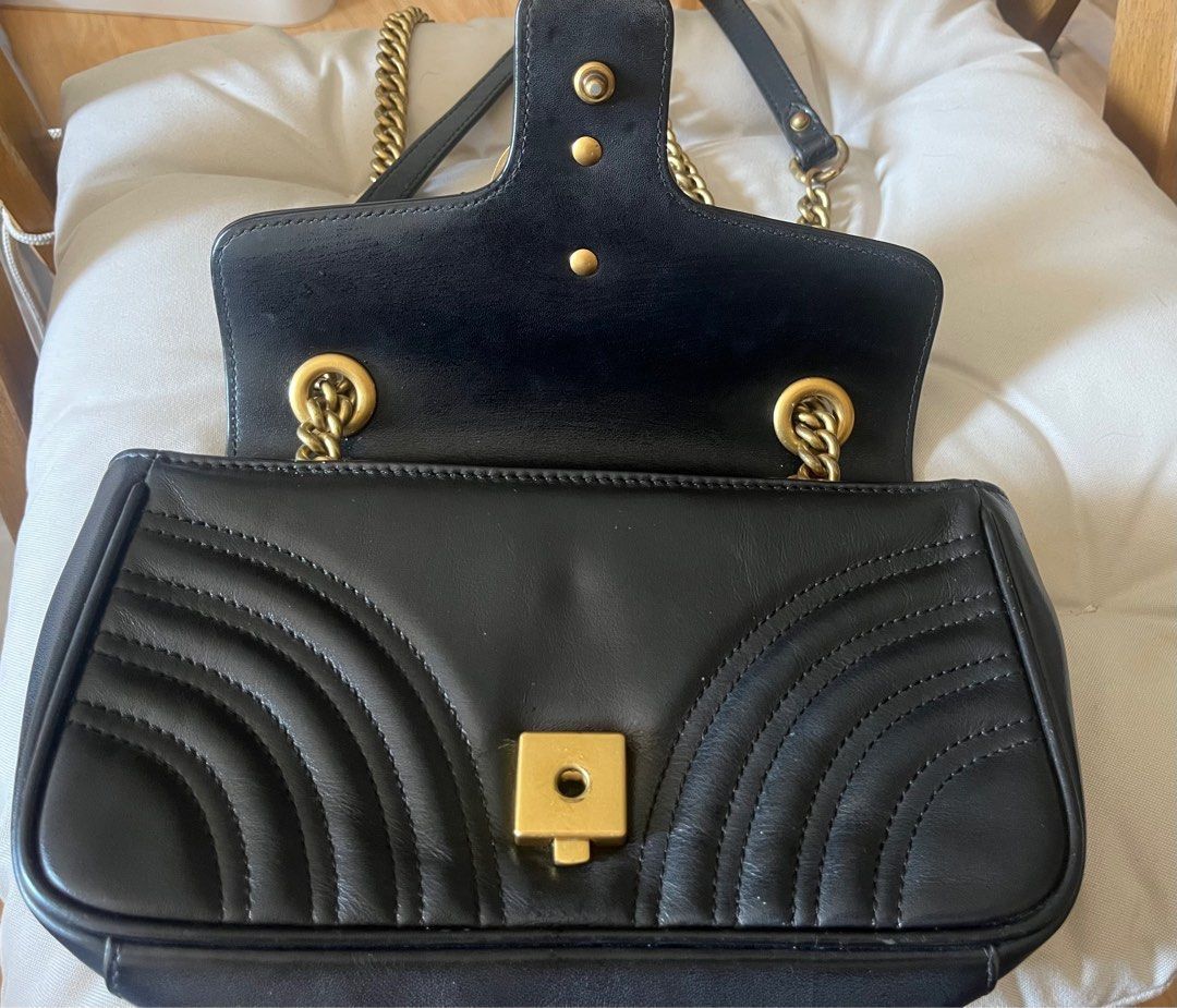 Gucci GG Marmont Small Shoulder Bag (Category: Luxury Bags & Wallets) located in Manila. Submitted by manifestd (Listing ID 1397802530, Image 3). Description: Gucci GG Marmont Shoulder/ Crossbody Bag Mini - Black chevron design, quilted - Gold-tone chain strap and GG logo -Chain strap and can be worn as a shoulder bag or a crossbody bag. -Excellent condition.no issue -Lalamove ready .