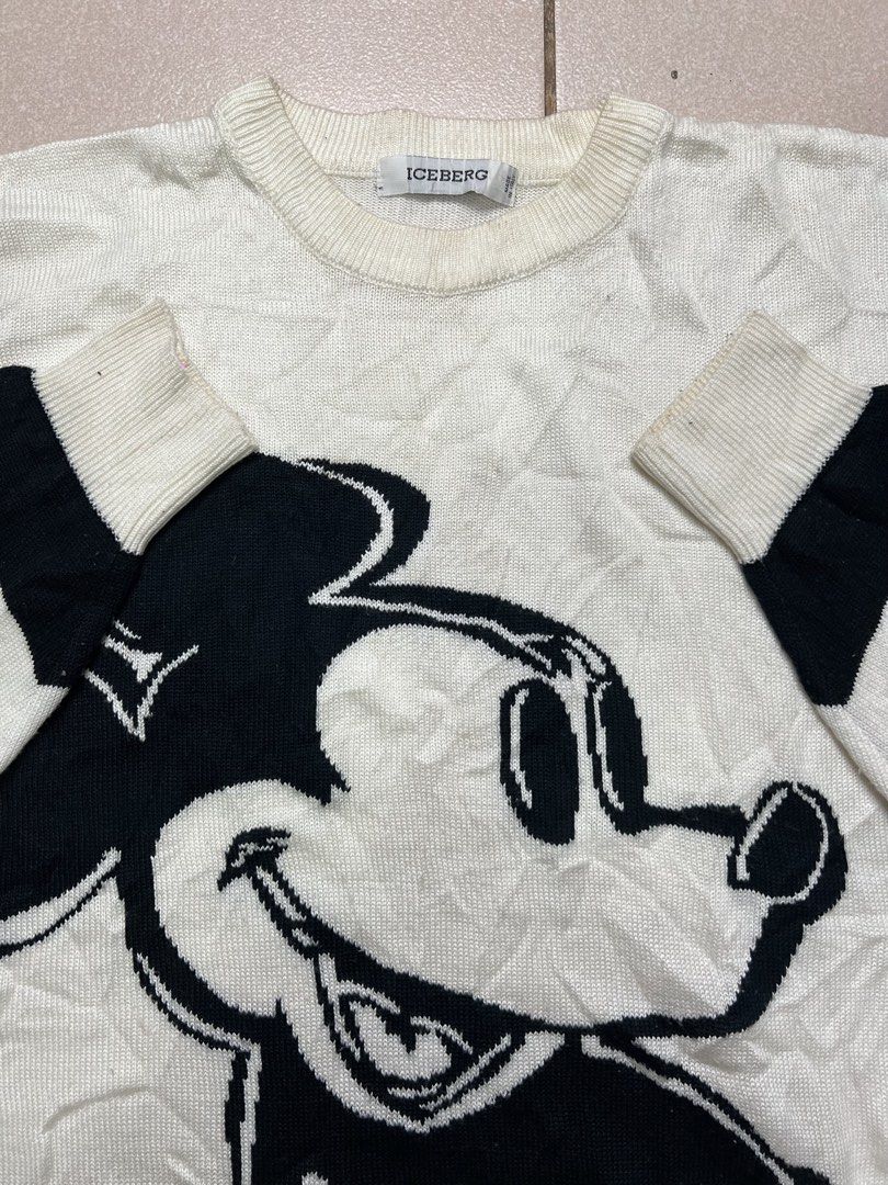 Iceberg Mickey Mouse Knit Sweater (Category: Coats, Jackets and Outerwear) located in Baguio. Submitted by drwxrms (Listing ID 1455264353, Image 3). Description: - Vintage Iceberg sweater featuring Mickey Mouse - Available in white with black/white striped sleeves or black with retro Mickey graphics - Crew neck style - Perfect for casual wear - Great knitwear for any fan.