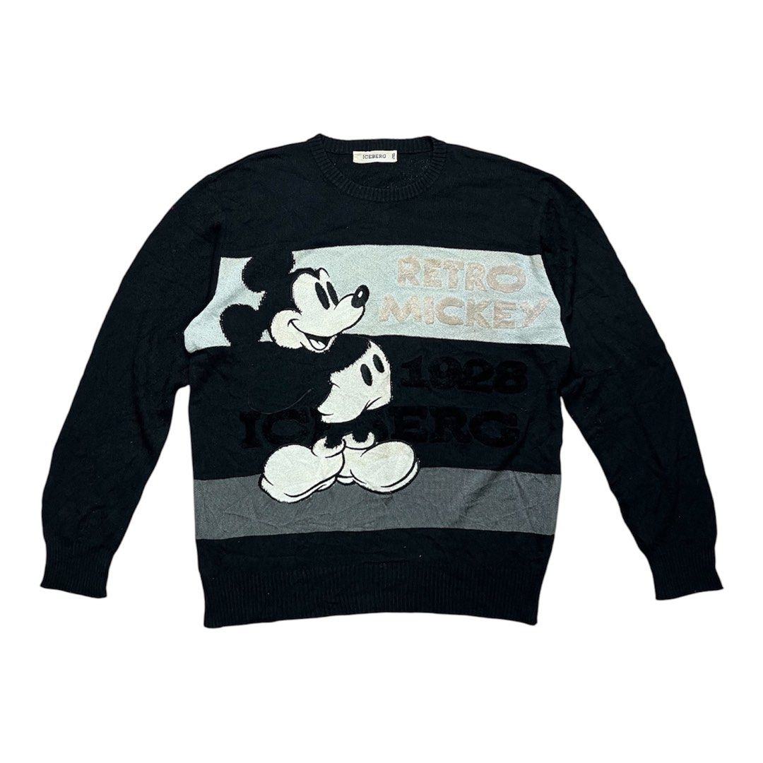 Iceberg Mickey Mouse Knit Sweater (Category: Coats, Jackets and Outerwear) located in Baguio. Submitted by drwxrms (Listing ID 1455264353, Image 2). Description: - Vintage Iceberg sweater featuring Mickey Mouse - Available in white with black/white striped sleeves or black with retro Mickey graphics - Crew neck style - Perfect for casual wear - Great knitwear for any fan.