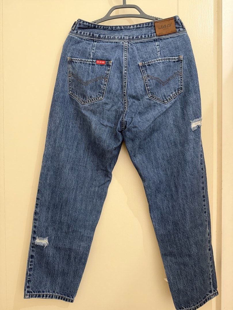 JAG Denim Jeans - Distressed Blue Wash (Category: Jeans) located in Quezon City. Submitted by silentforest.ff2022 (Listing ID 1455288261, Image 2). Description: - Classic blue wash JAG jeans - Distressed look with knee rips - Straight leg fit - Button fly closure - Great for casual wear - Size 26 Fit S or M..