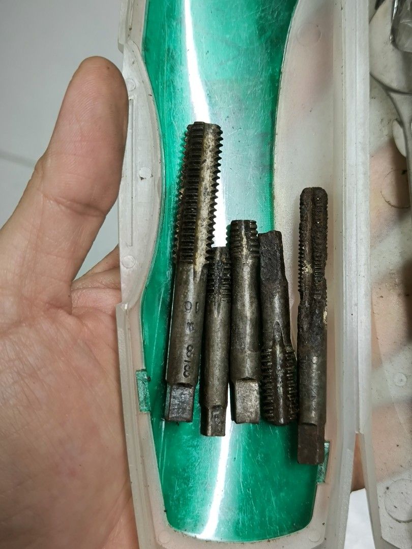 Japan surplus Tap Set for Threading (5 Pieces with Storage Case (Category: Construction Tools & Equipment) located in Angeles City. Submitted by yellowbrickstore (Listing ID 1455242186, Image 1). Description: 5-piece hand tap set housed in its original plastic case. Perfect for metalworking, machining, thread repair, or DIY projects. Quantity: 5 assorted hand taps Condition: Used, with natural surface patina/rust from age, but all threads and squ