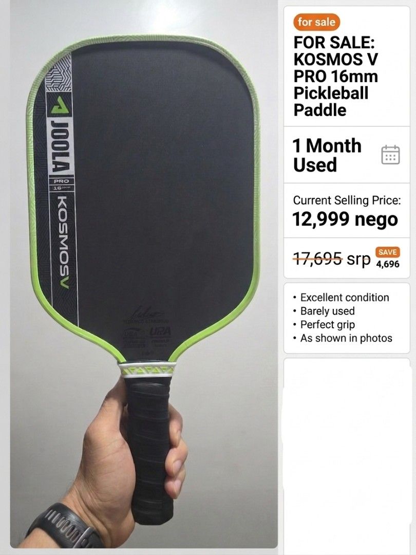 JOOLA KOSMOS V PRO 16mm Pickleball Paddle (Category: Racket and Ball Sports) located in San Fernando. Submitted by jaywill8 (Listing ID 1455248677, Image 1). Description: - JOOLA KOSMOS V PRO 16mm pickleball paddle - Used for approximately 1 month - Barely used - Selling as is (please check photos for details) nego pampanga area.