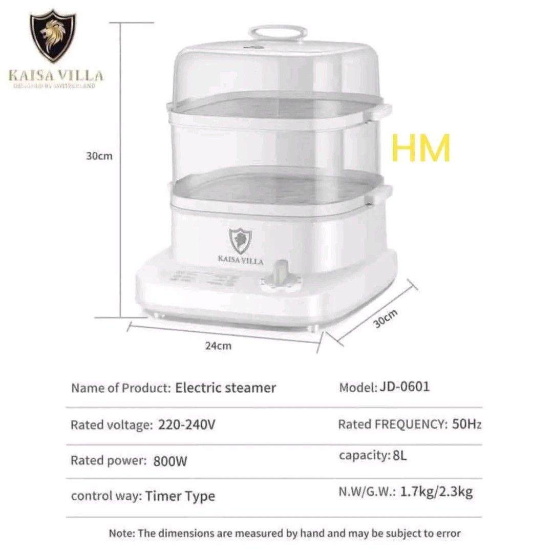 Kaisa Villa Electric Steamer JD-0601 8L Timer Type (Category: Cookware & Accessories) located in Manila. Submitted by marvieobordo (Listing ID 1455176220, Image 1). Description: - 8L Large Capacity Steamer - 2 Tiers for versatile cooking - Built-in Timer Control - Ideal for Seafood, Vegetables, Buns, and more! - Easy to add water during cooking - Compact Dimensions: 24cm x 30cm x 30cm - Power: 800W - Voltage: 220-240V - Comes in original packagin