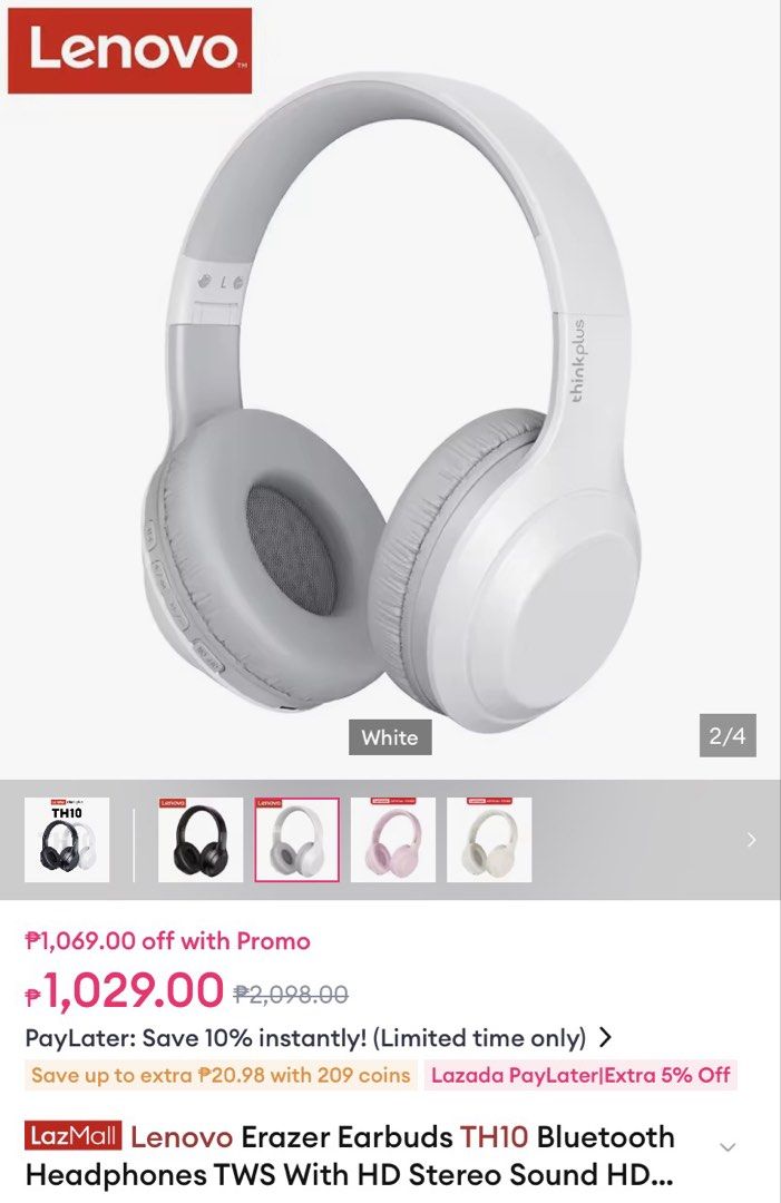 Lenovo Thinkplus TH10 Bluetooth Headphones White (Category: Headphones & Headsets) located in Malabon City. Submitted by greys0309 (Listing ID 1455287068, Image 1). Description: - White Lenovo Thinkplus TH10 Headphones - Wireless Bluetooth Connectivity - HD Stereo Sound - Comfortable Earcups - Ideal for Music and Calls - Comes in Original Packaging.