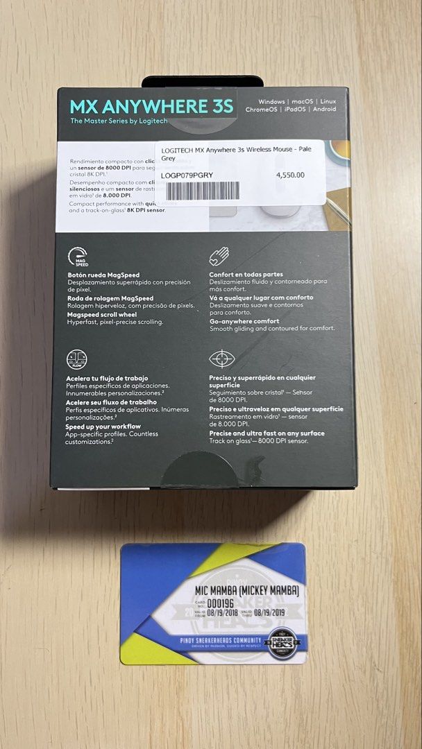 Logitech MX Anywhere 3S Pale Grey (Category: Mouse & Mousepads) located in Taguig. Submitted by micmamba24 (Listing ID 1455299322, Image 2). Description: FOR SALE ONLY (NO SWAP) BRAND NEW/SEALED WAY BELOW SRP ORIGINAL/AUTHENTIC/LEGIT COMES WITH PAPER BAG Logitech MX Anywhere 3S Pale Grey Complete specifications: https://www.logitech.com/en-ph/shop/p/mx-anywhere-3s SRP: P4,550 each My Price: P3,000 only RFS: Decluttering Meetups: Makati or BGC, Ta