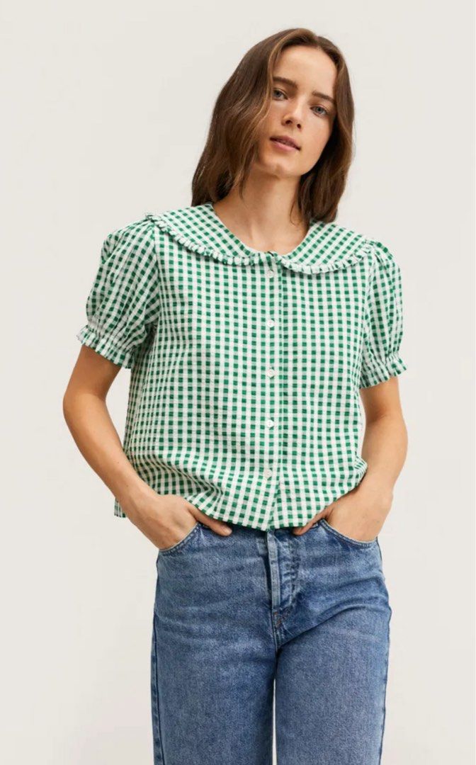 Mango MNG Green Gingham Peter Pan Collar Puff Sleeve Blouse (Category: Blouses) located in Quezon City. Submitted by dietmountaindew_00 (Listing ID 1455206500, Image 1). Description: - Authentic Mango bought in-store - Size XS would fit XS-S frames - Rfs not my style anymore - Tags Zara Mango Uniqlo Brandy Melville Hollister Bershka Monki Stradivarius - Sl nego .
