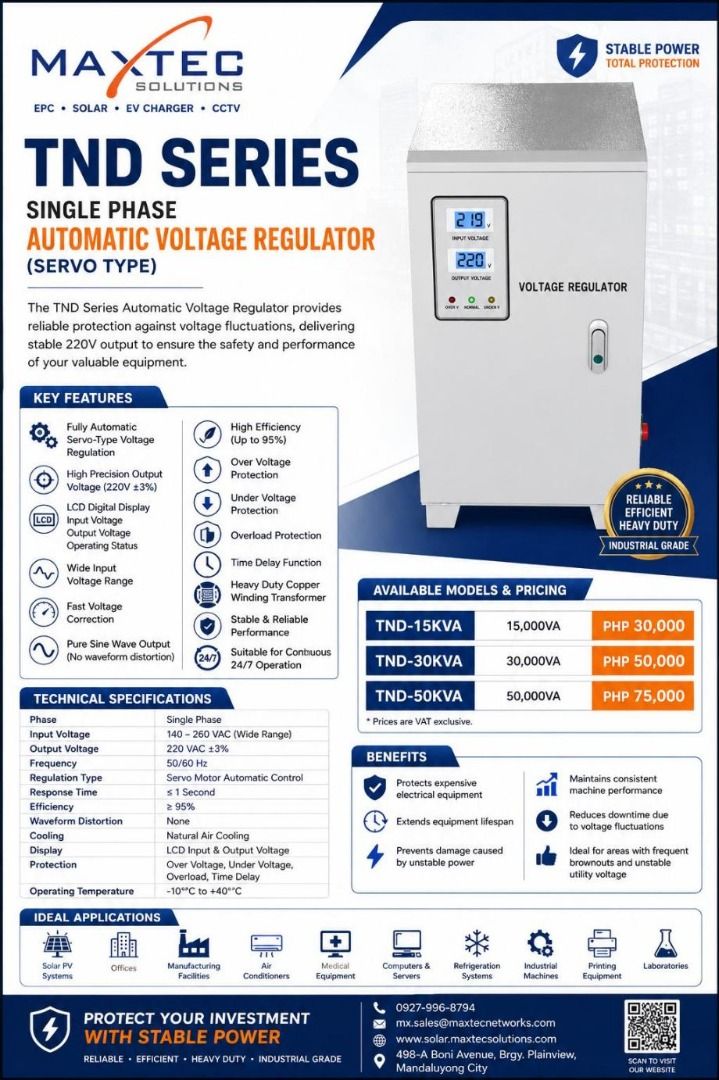 Maxtec Solutions TND Series Single phase AVR (Servo Type) (Category: Electrical, Adaptors & Sockets) located in Mandaluyong City. Submitted by jazhruiz (Listing ID 1455163283, Image 1). Description: Fully Automatic Servo Type Voltage Regulator Protects expensive electrical equipment Prevents damage caused by unstable power Reduces downtime due to voltage flunctuations Ideal for areas with frequent brownouts and unstable utility voltage.