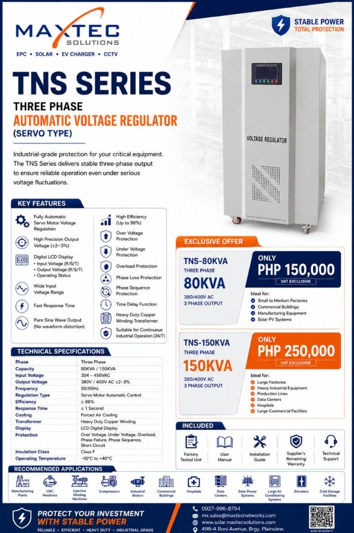 Maxtec Solutions TNS Series 3 Phase Automatic Voltage Regulator (Category: Electrical, Adaptors & Sockets) located in Mandaluyong City. Submitted by jazhruiz (Listing ID 1455161513, Image 2). Description: - Maxtec Solutions TNS Series: Industrial-grade voltage stabilizer - Protects critical equipment with stable three-phase output - Handles serious voltage fluctuations reliably - Full automatic servo motor voltage regulation - High efficiency up 