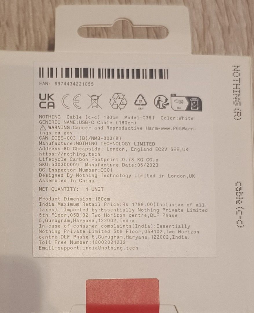 Nothing Cable （分類：充電器及電線）位於 Hong Kong。 由 wise.f 提交（商品編號 1455192527，圖片 2）。簡介： Type C to C 180cm White Colour https://hk.nothing.tech/products/cable?Length=180+cm。