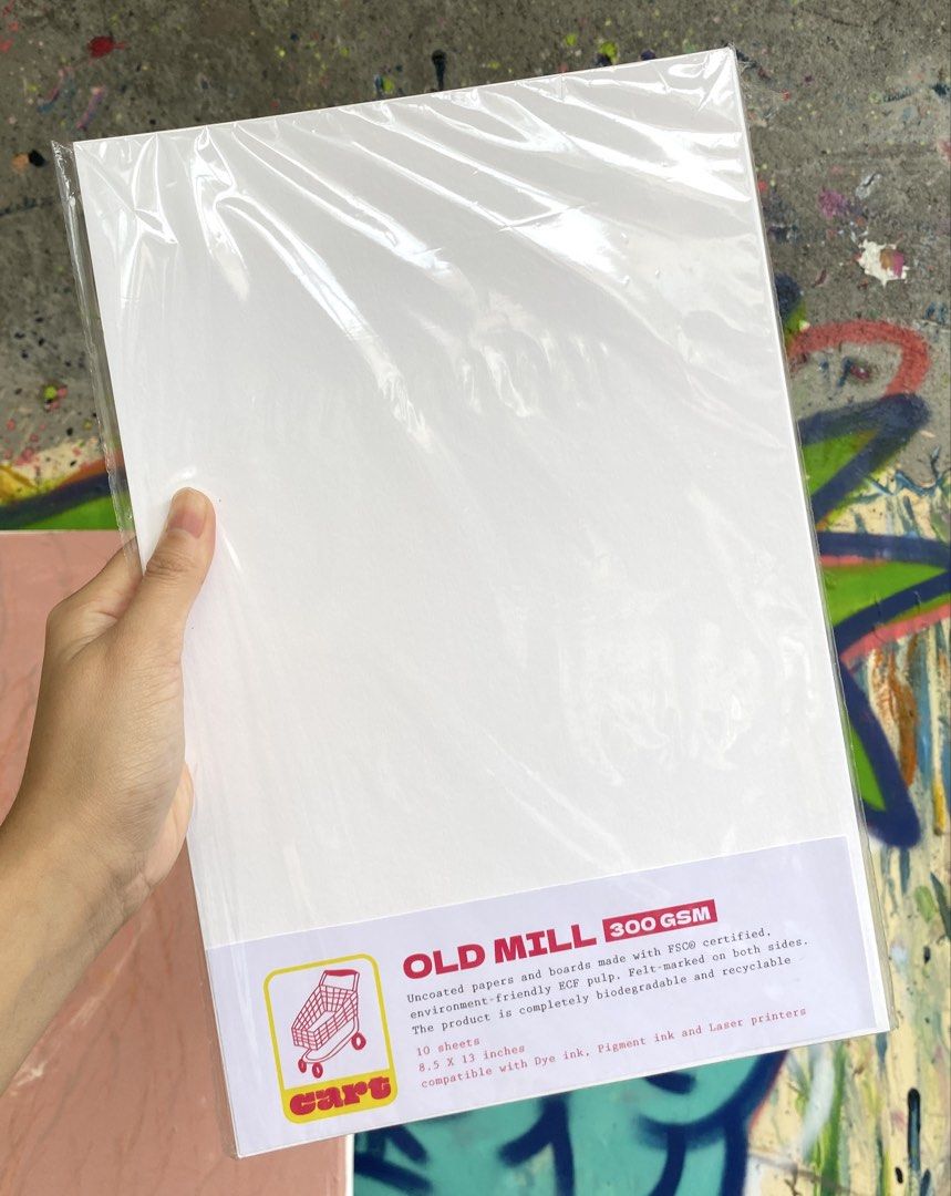 Old Mill 300gsm (8.5x13in) (Category: Craft Supplies & Tools) located in Bacoor. Submitted by seulbearrr (Listing ID 1455284527, Image 1). Description: Old Mill 300gsm - 300gsm - 10 sheets per pack - 8.5 x 13 inches - compatible with Dye Ink, Pigment Ink and Laser Printers Uncoated papers and boards made with FSC ®certified, environment-friendly ECF pulp. Felt-marked on both sides. The product is completely biodegradable and recyclable. Mode of D