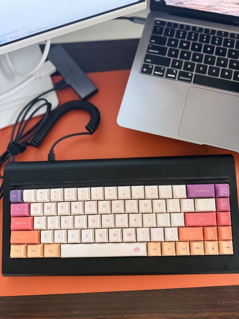 Retro Inspired Mechanical Keyboard (Category: Computer Keyboard) located in Mandaluyong City. Submitted by jiadeclutters (Listing ID 1455149963, Image 1). Description: Vortex PC66 68-Key Wireless Mechanical Keyboard + YMDK 128 Keys Smoke Ultra-slim Mx Low Profile PBT Keycaps NEGOTIABLE - Fully functional condition ; no issues whatsoever - Triple mode connectivity (Bluetooth 5.1, 2.4GHz Wireless Dongle, and Wired USBC) - Hotswappable - Gasket moun