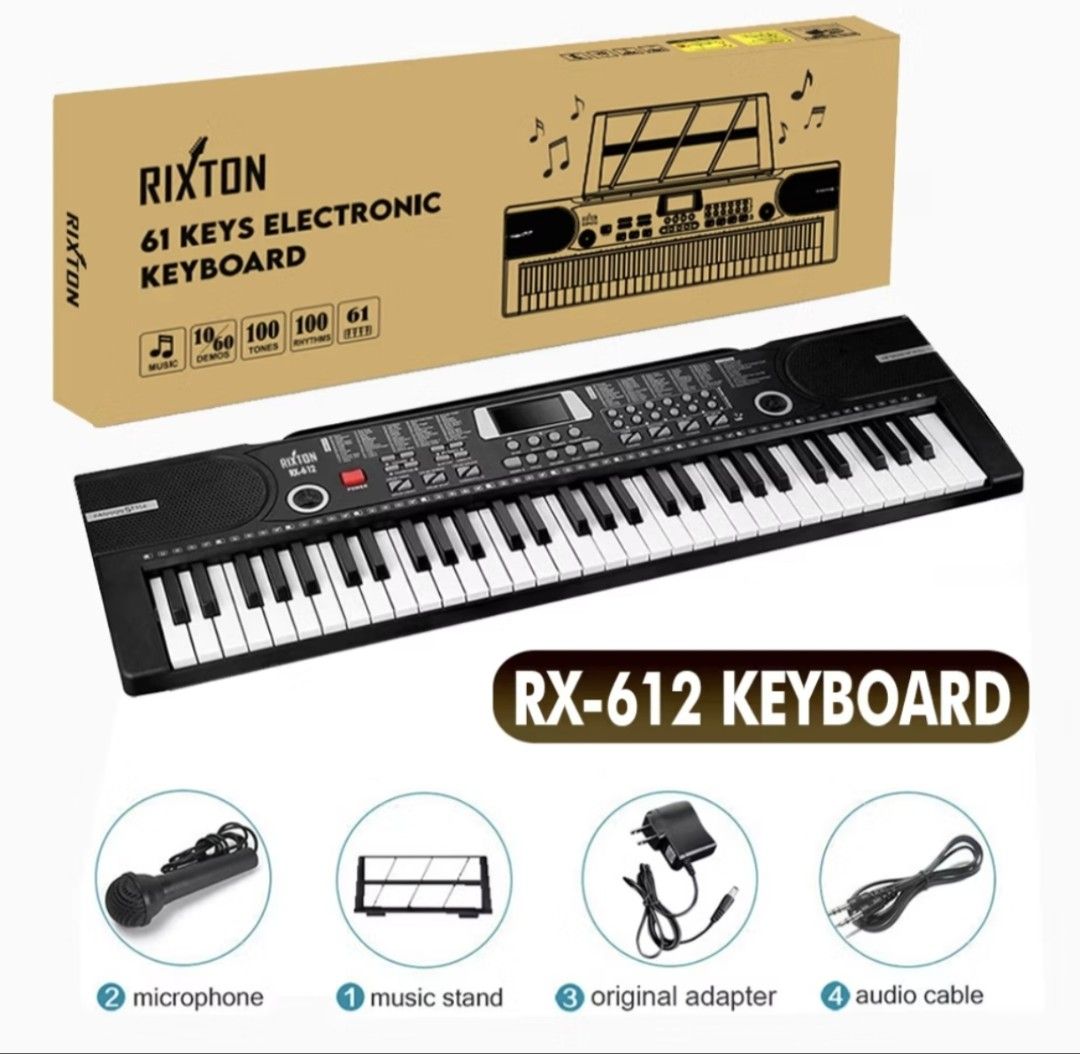 Rixton RX-612 61 Keys Electronic Keyboard with Microphone & Stand (Category: Musical Instruments) located in Marikina City. Submitted by ronald.santos1 (Listing ID 1455238470, Image 1). Description: - Rixton RX-612 Keyboard - 61 Keys - 100 Tones - 61 Rhythms - Includes Microphone - Includes Music Stand - Original Adapter Included - Audio Cable Included - Comes with PS002 Piano Stand - Ideal for learning and playing Location: Marikina.