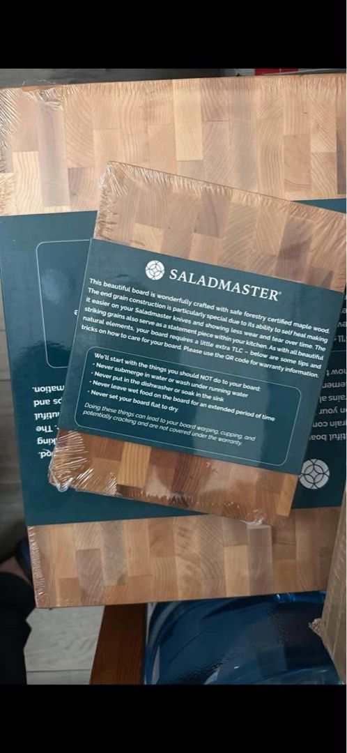 Saladmaster End Grain Maple Wood Cutting Board (Category: Knives & Chopping Boards) located in Manila. Submitted by aries033189 (Listing ID 1455192358, Image 1). Description: - Beautiful Saladmaster end grain cutting board - Made from certified maple wood - End grain construction is gentle on knives and shows less wear - A statement piece for your kitchen - Requires careful maintenance to prevent warping or cracking. Please follow care instructio