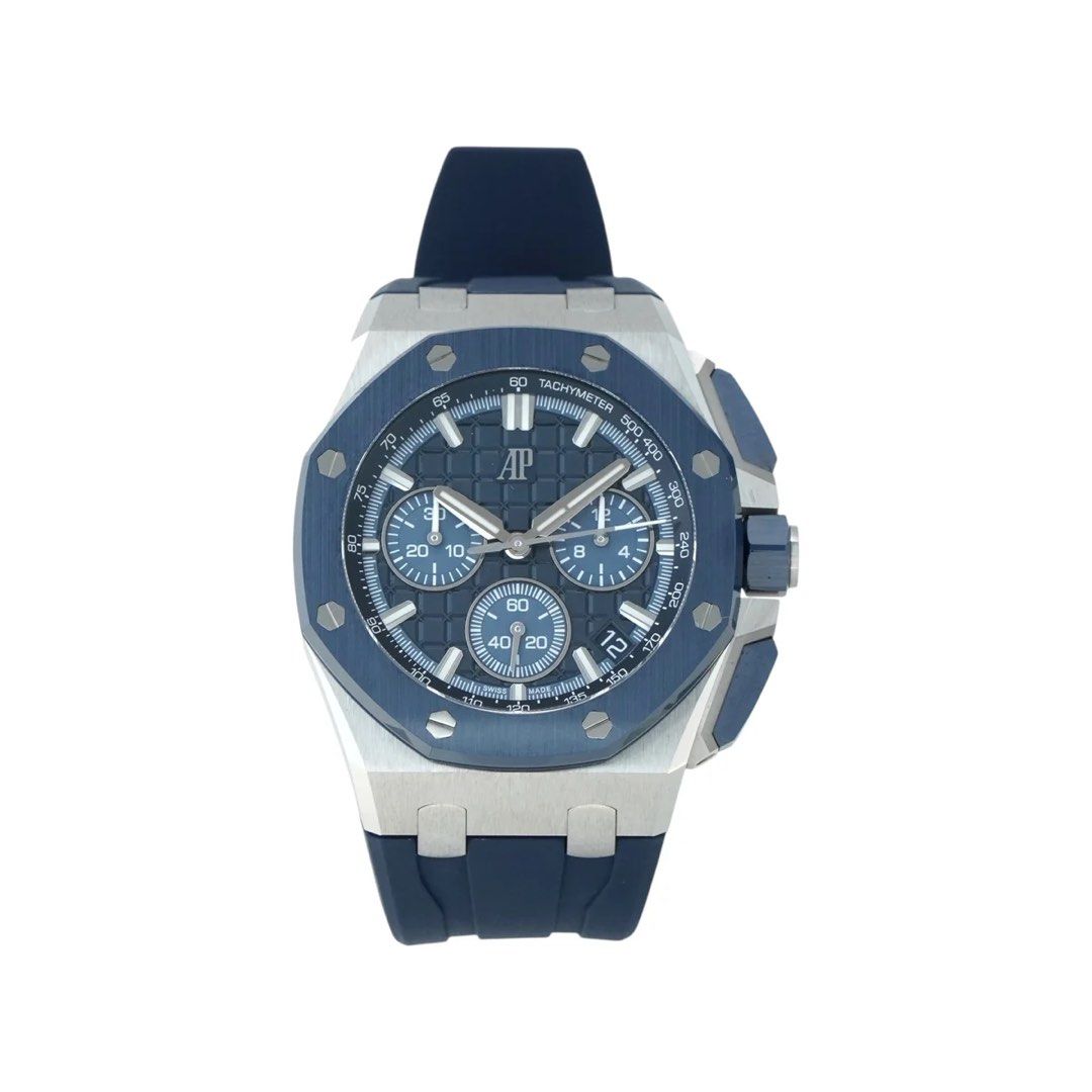 SgWatchHub! Audemars Piguet Royal Oak Offshore Chronograph 26420SO.OO.A029VE.01! Price is indicative! (Category: Watches) located in Singapore. Submitted by sg-watch-hub (Listing ID 1455253386, Image 1). Description: Product Description This model features a two-tone design combining stainless steel and “Night Blue Cloud 50” ceramic. The bezel, pushers, and crown are made of ceramic, creating a powerful impression. The dial features a night blue 