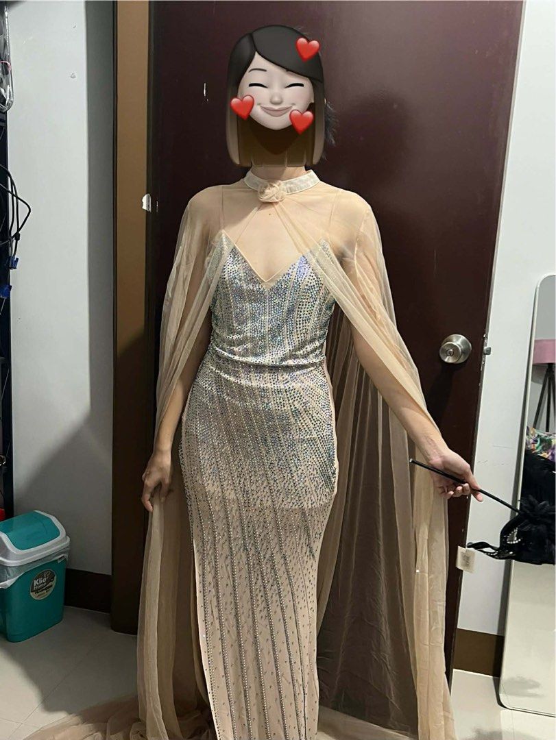 Sparkly Beaded Beige Gown with Cape (Category: Evening dresses & gowns) located in Manila. Submitted by doonav (Listing ID 1455166917, Image 1). Description: - Long, fitted gown - V-neckline - Covered in sparkly beads (super detailed) - High slit - Comes with a sheer cape that attaches at the neck - Ideal for formal events and parties - Never used, finit lang.