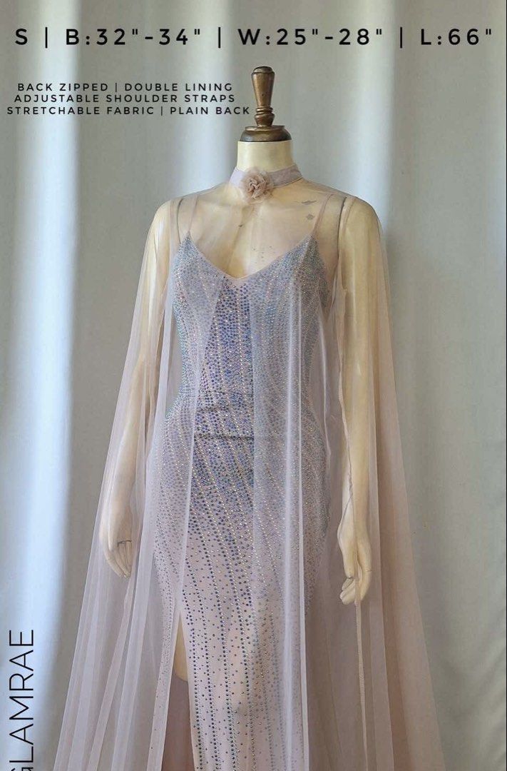 Sparkly Beaded Beige Gown with Cape (Category: Evening dresses & gowns) located in Manila. Submitted by doonav (Listing ID 1455166917, Image 2). Description: - Long, fitted gown - V-neckline - Covered in sparkly beads (super detailed) - High slit - Comes with a sheer cape that attaches at the neck - Ideal for formal events and parties - Never used, finit lang.