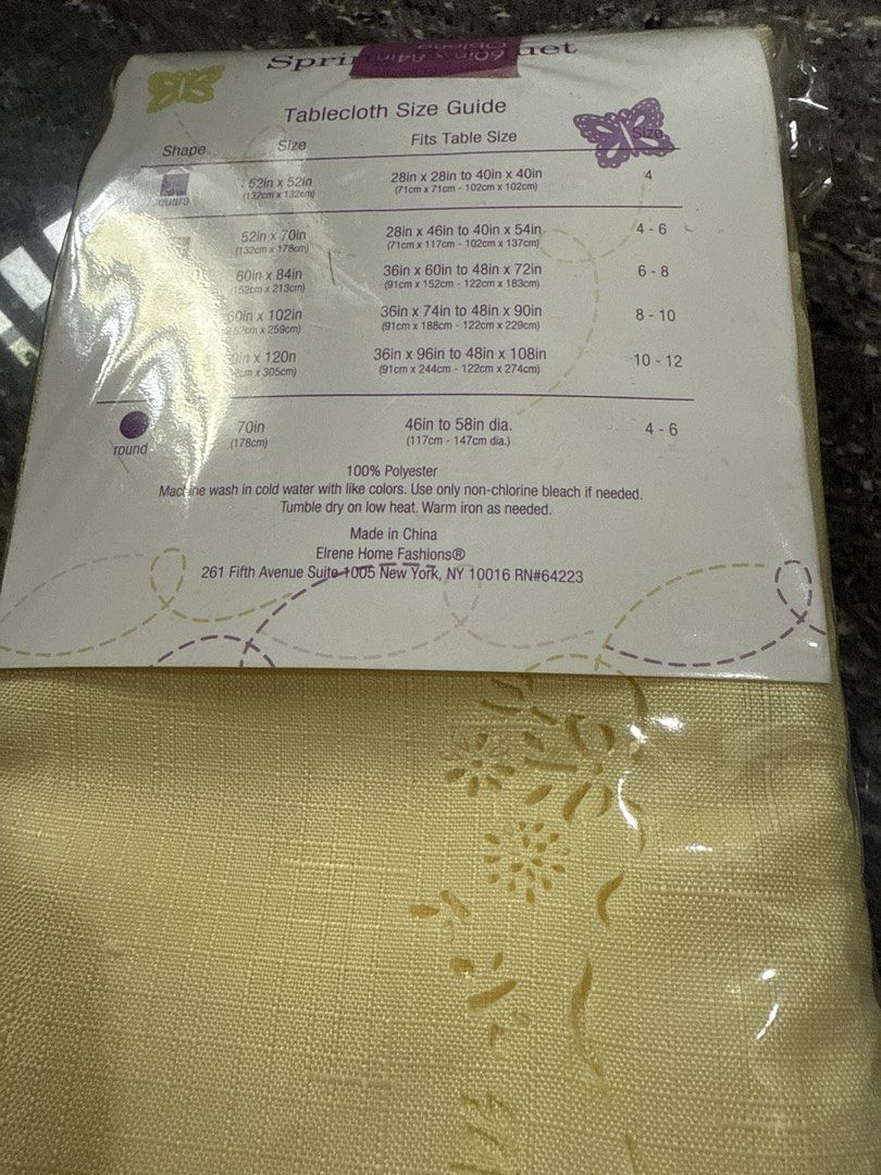 Tablecloth (Category: Table Linen & Textiles) located in Manila. Submitted by pickstuff (Listing ID 1455167909, Image 3). Description: Spring Bouquet - Lovely yellow tablecloth with intricate floral cutwork pattern. - Dimensions: 60 inches x 84 inches. - Material: 100% Polyester for easy care. - Care Instructions: Machine wash cold, tumble dry low, warm iron if needed. - Brand: Elrene Home Fashions..