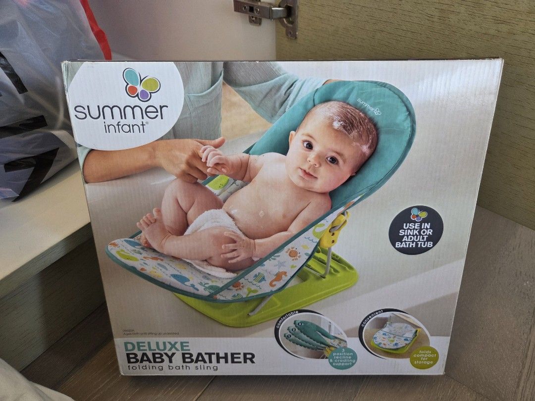 Summer Infant Deluxe Baby Bather Folding Bath (Category: Bathtub & Bath Accessories) located in Makati City. Submitted by epicdog1226 (Listing ID 1455196918, Image 1). Description: - Summer Infant Deluxe Baby Bather - Folds for easy storage - Use in sink or adult bathtub - 3 position recline for comfort - Provides cradling support - Perfect for baby's bath time.