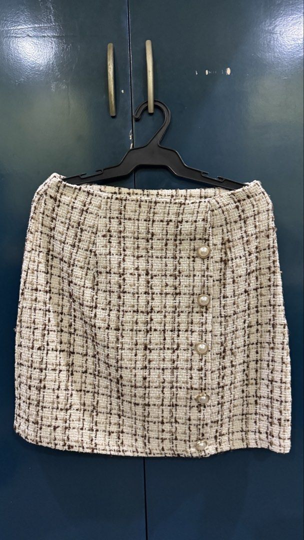Tweed Plaid Coord Set (blazer & skirt) (Category: Sets or Coordinates) located in Las Pinas. Submitted by jmnb23 (Listing ID 1455297217, Image 3). Description: SHEIN Privé tweed set - includes: cropped blazer and matching mini skirt - size SMALL on tag (see shein measurements as posted in the photos) - original price Php 1300 - good as new, no issues, stains or flaws.