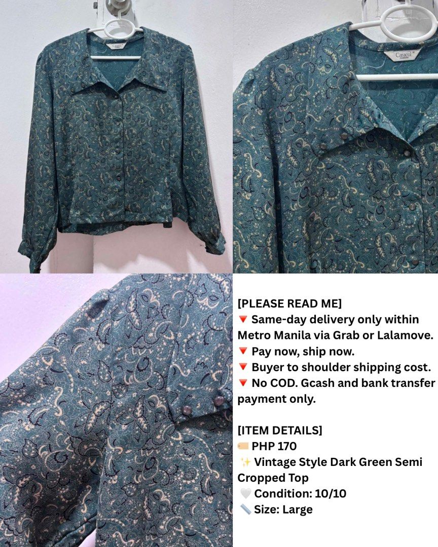 Vintage Style Dark Green Semi Cropped Top (Category: Shirts) located in Manila. Submitted by aymbt (Listing ID 1455282999, Image 1). Description: .
