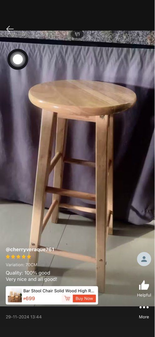Wooden Bar Stool 70cm Height (Category: Chairs) located in Cavite. Submitted by cynth25 (Listing ID 1455316223, Image 1). Description: - Solid wood construction for durability. - Seat diameter: 29cm - Total height: 70cm - Seat thickness: 2.1cm - Base width: 26.5cm - Ideal for kitchen counters and home bars. - Available in various heights to suit your needs..