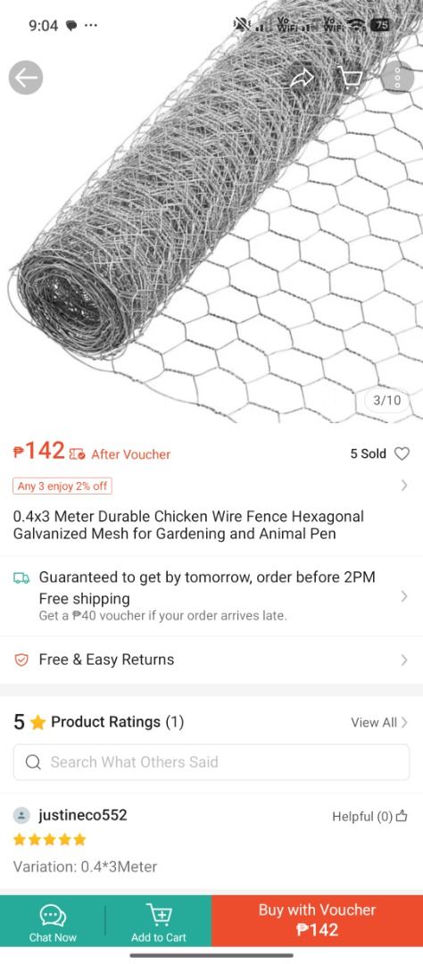 0.4x3 Meter Galvanized Hexagonal Chicken Wire Fence Mesh (Category: Construction & Building Materials) located in Santa Rosa. Submitted by gentletree.37692f (Listing ID 1455337208, Image 2). Description: - Galvanized hexagonal mesh - Ideal for gardening and animal pens - Durable and weather-resistant - Dimensions: 0.4 meters x 3 meters - Versatile for various outdoor projects - Easy to cut and shape - Provides reliable containment and protection.