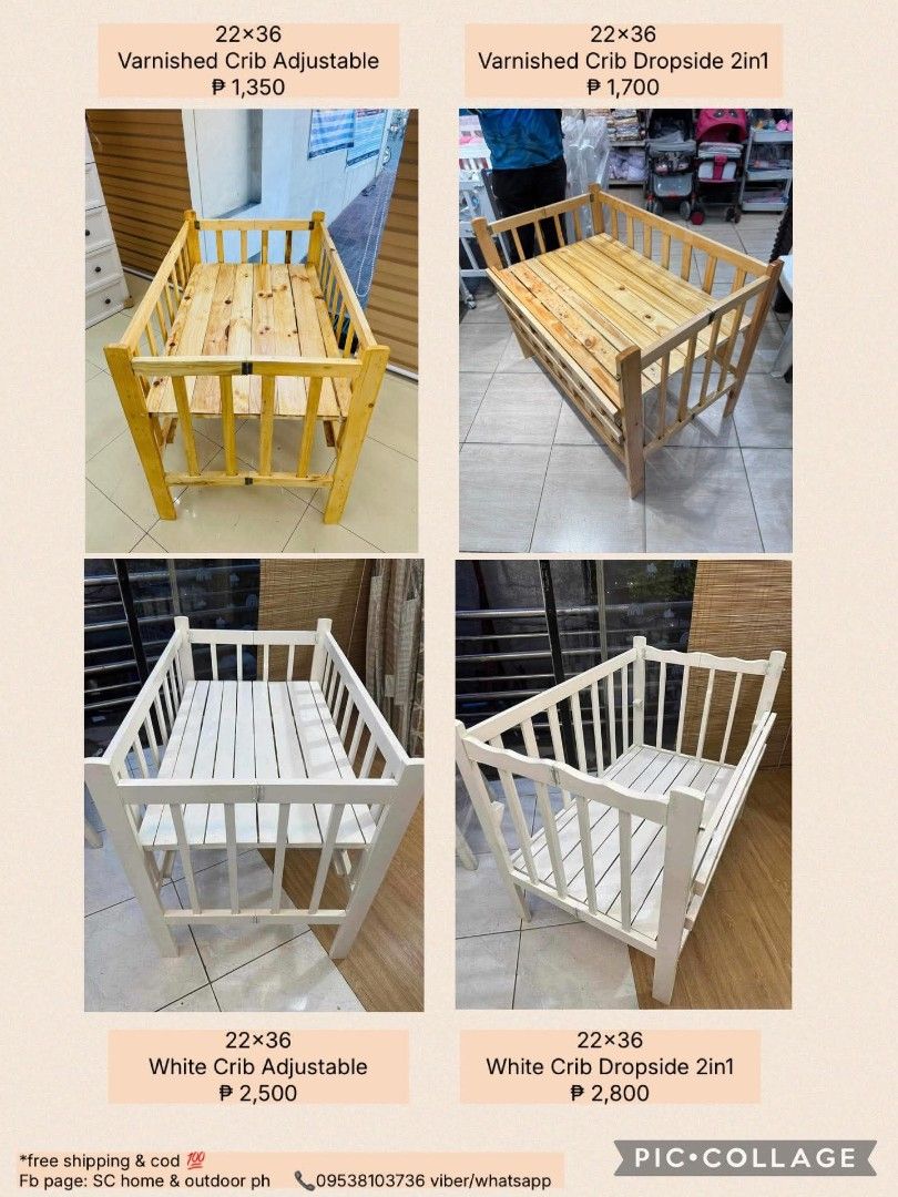 22x36 Varnished Crib Adjustable & Dropside 2in1 (Category: Cots & Cribs) located in Manila. Submitted by shairatorres (Listing ID 1455323868, Image 1). Description: 👶 BABY CRIB FOR SALE + BEDDINGS SET | AFFORDABLE BABY CRIB 👶 Available in 22x36 and 24x40 sizes. Perfect for newborn babies and toddlers! 🍼 💰 PRICE POSTED — AFFORDABLE! ✔️ Heavy-duty baby crib ✔️ Sturdy and durable ✔️ Newborn to toddler ✔️ Beddings set available ✔️ Choose your pre