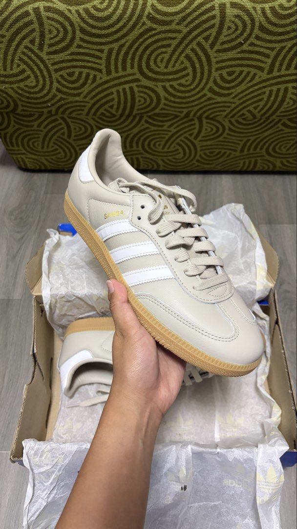 Adidas Samba (Category: Casual Shoes) located in Rizal. Submitted by jas_some_stuff (Listing ID 1455450044, Image 3). Description: - Adidas Samba OG sneakers - Classic gum sole design - Color: Light beige/off-white with white stripes - Size: US 8 - Made in Vietnam - Original with box.