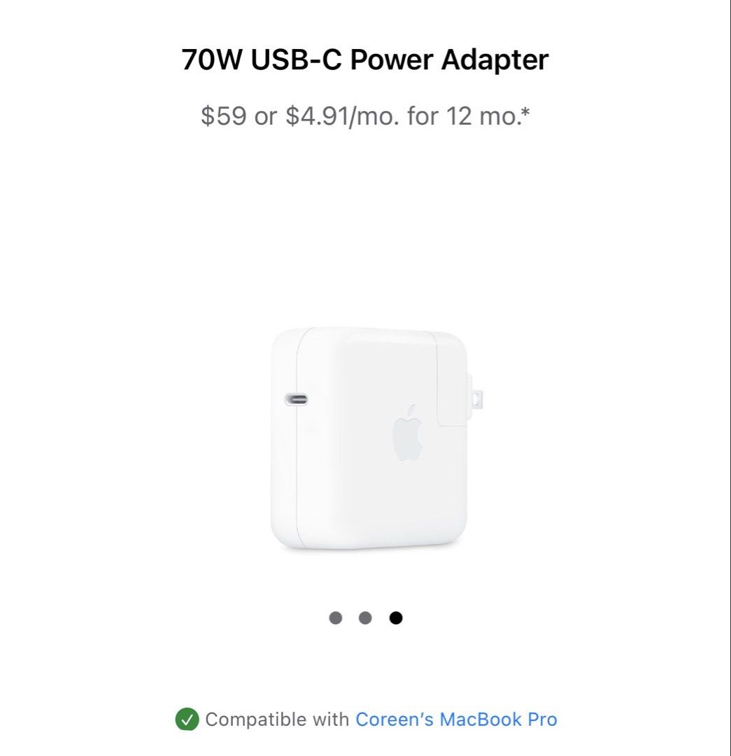 Apple 67W USB-C Power Adapter (Category: Chargers & Cables) located in Paranaque City. Submitted by closetcore (Listing ID 1455418724, Image 1). Description: Extra charger power adapter. Original price 3700 pesos.