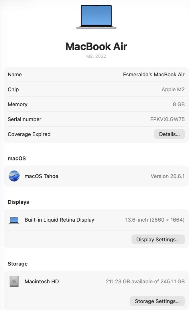 Apple MacBook Air M2, 8GB RAM, 256GB SSD (Category: Laptops & Notebooks) located in Hermosa. Submitted by superesh (Listing ID 1455403010, Image 2). Description: - MacBook Air M2 (2022 Model) - 8GB RAM - 256GB Storage - Stunning Liquid Retina Display - Ideal for everyday tasks & portability - Selling due to an upgrade.