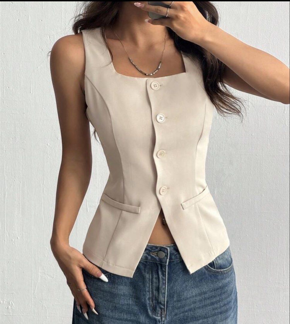 Beige Sleeveless Button Down (Category: Sleeveless) located in Binan City. Submitted by colormehappyph (Listing ID 1455484537, Image 1). Description: Used once for a photoshoot.