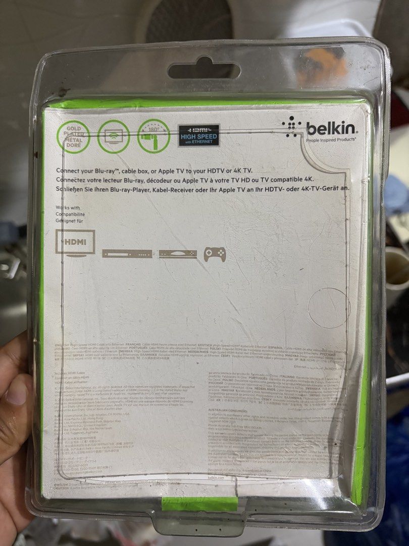Belkin High Speed HDMI Cable with Ethernet 4K 6.6FT (Category: Cables & Adaptors) located in Mandaluyong City. Submitted by prettyme16 (Listing ID 1455352700, Image 2). Description: - Belkin High Speed HDMI Cable - Supports 4K resolution - Built-in Ethernet channel - Cable length: 6.6 feet (2 meters) - Gold-plated metal connectors for reliable signal - Ideal for Blu-ray players, TV boxes, Apple TV, and connecting to HDTVs or 4K TVs.