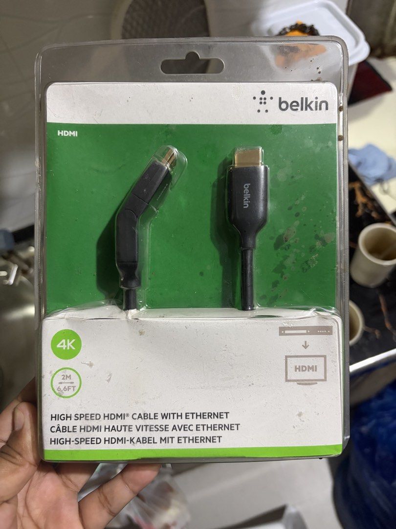 Belkin High Speed HDMI Cable with Ethernet 4K 6.6FT (Category: Cables & Adaptors) located in Mandaluyong City. Submitted by prettyme16 (Listing ID 1455352700, Image 1). Description: - Belkin High Speed HDMI Cable - Supports 4K resolution - Built-in Ethernet channel - Cable length: 6.6 feet (2 meters) - Gold-plated metal connectors for reliable signal - Ideal for Blu-ray players, TV boxes, Apple TV, and connecting to HDTVs or 4K TVs.